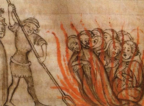 illustration of a group of men being burned.