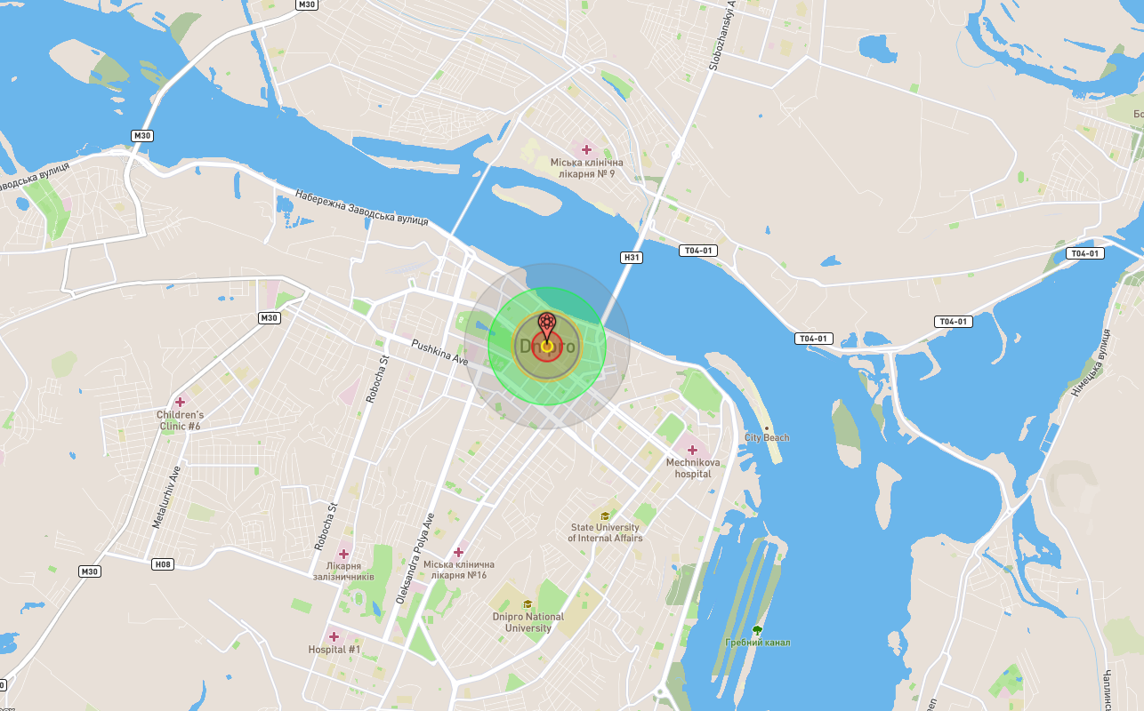 Círculos concentricos de colores a partir del centro de la ciudad ucraniana de Dnipro