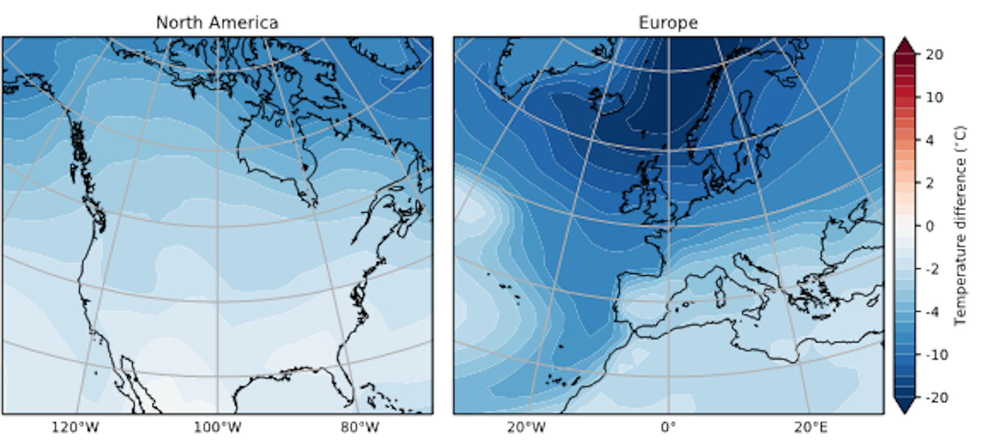 Dois mapas mostram que os EUA e a Europa esfriariam vários graus se a AMOC parasse.